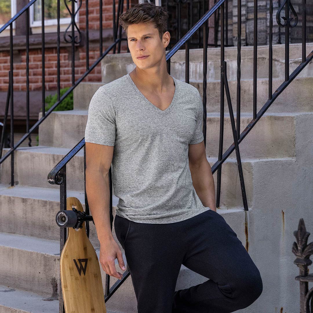 Perfect Pima Relaxed Deep V-Neck T-Shirt Grey Heather - Image 5